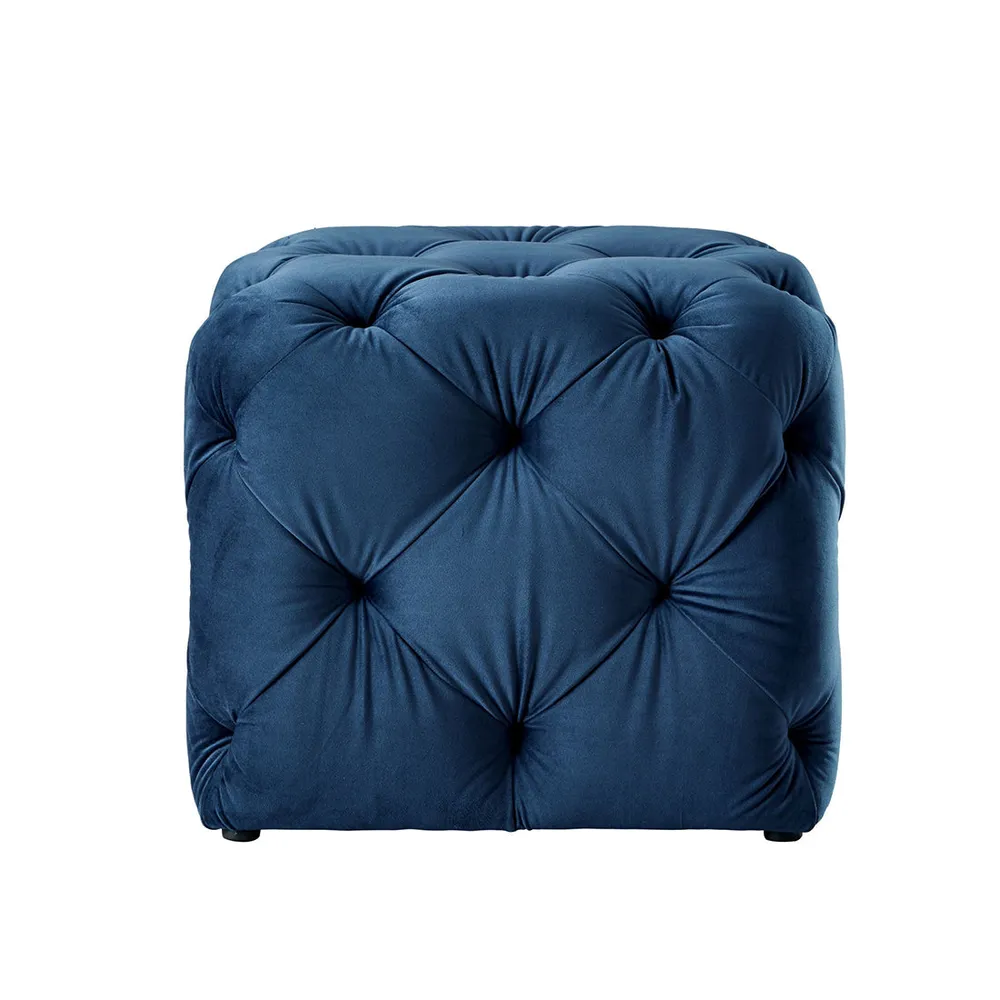 Square Velvet Tufted Solid Puffy Stool In Royal Blue Single Piece