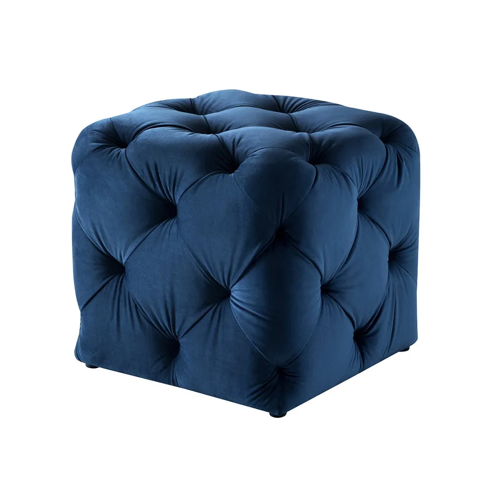 Square Velvet Tufted Solid Puffy Stool In Royal Blue Single Piece