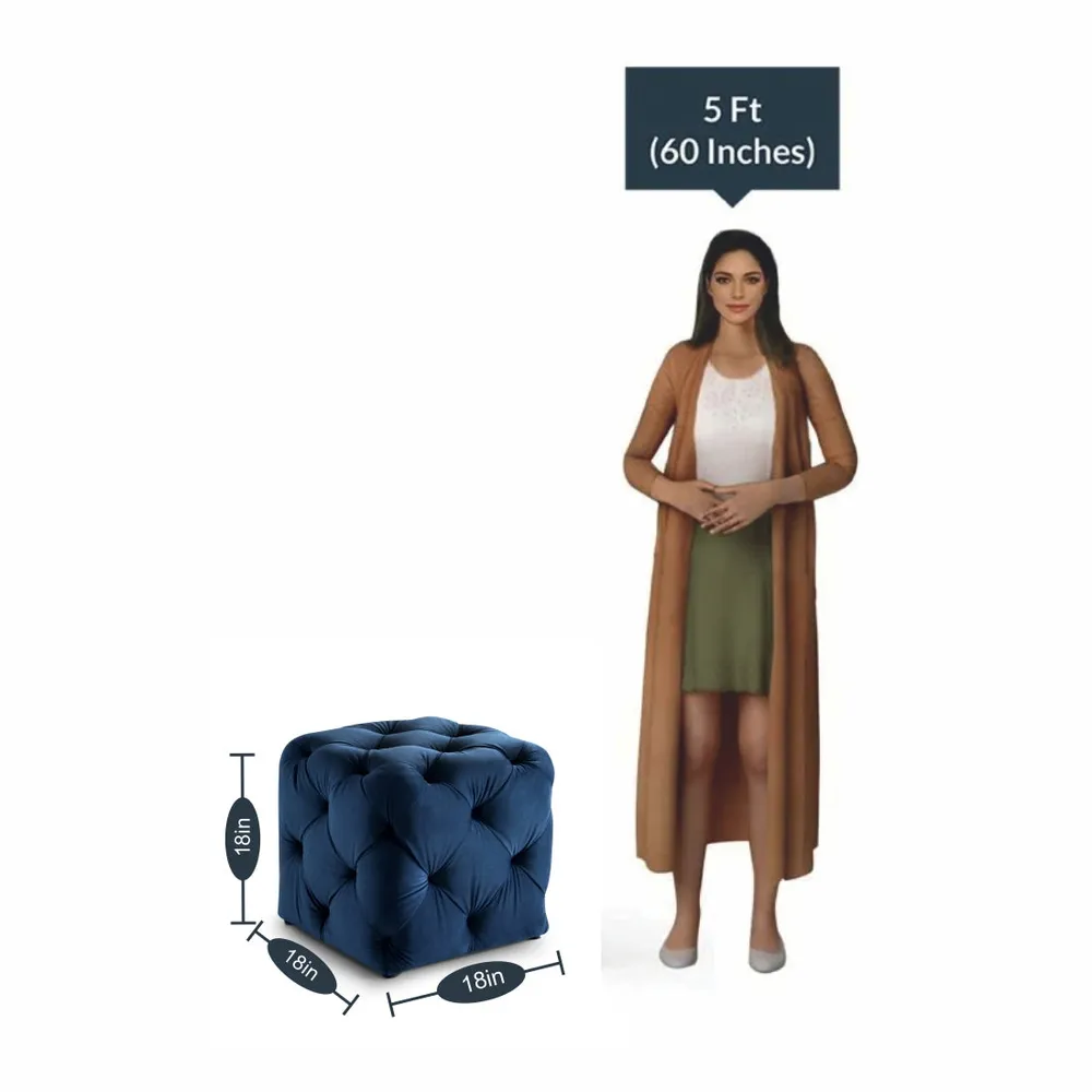 Square Velvet Tufted Solid Puffy Stool In Royal Blue Single Piece