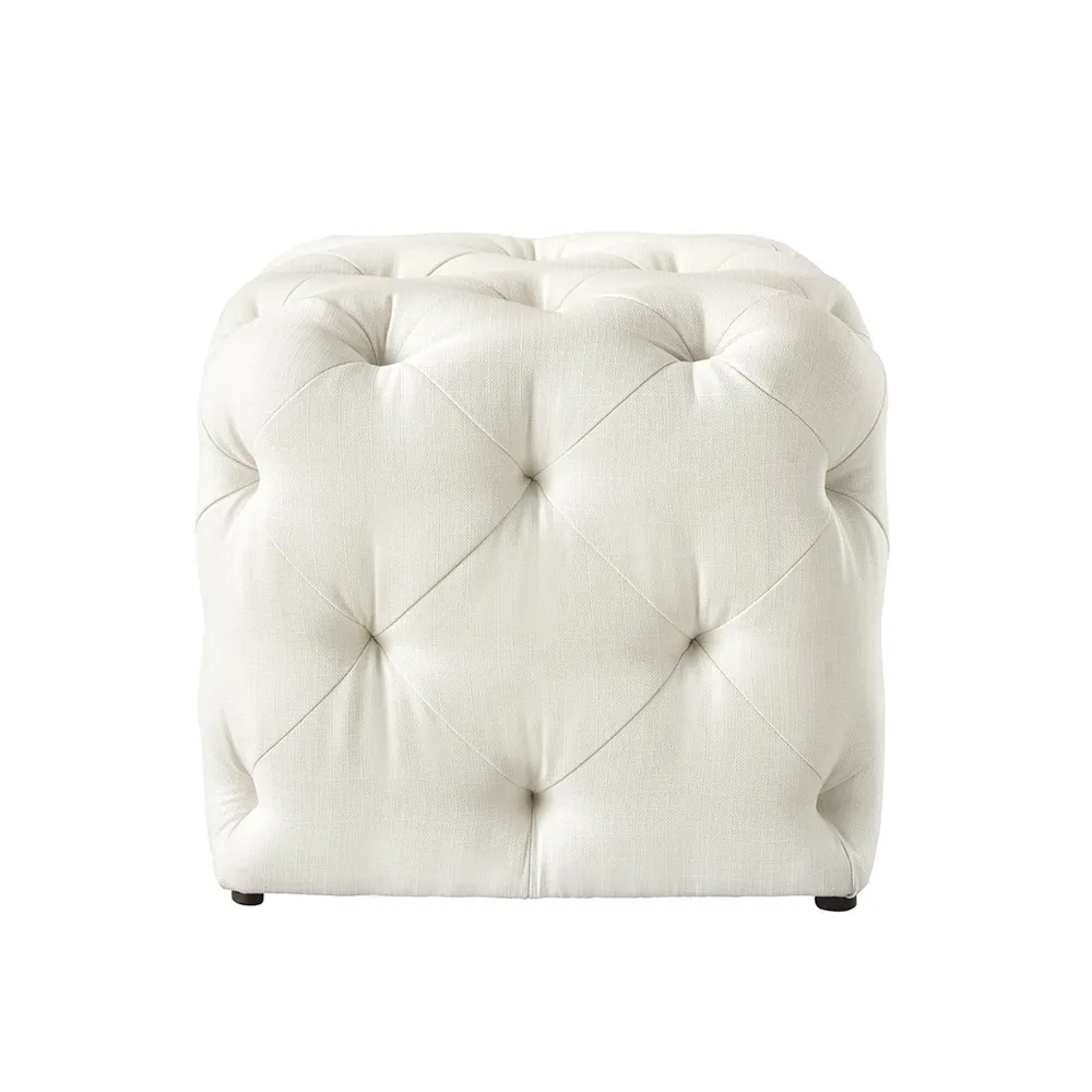 Square Velvet Tufted Solid Puffy Stool In White