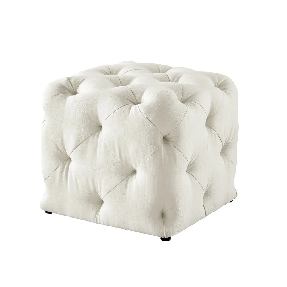 Square Velvet Tufted Solid Puffy Stool In White