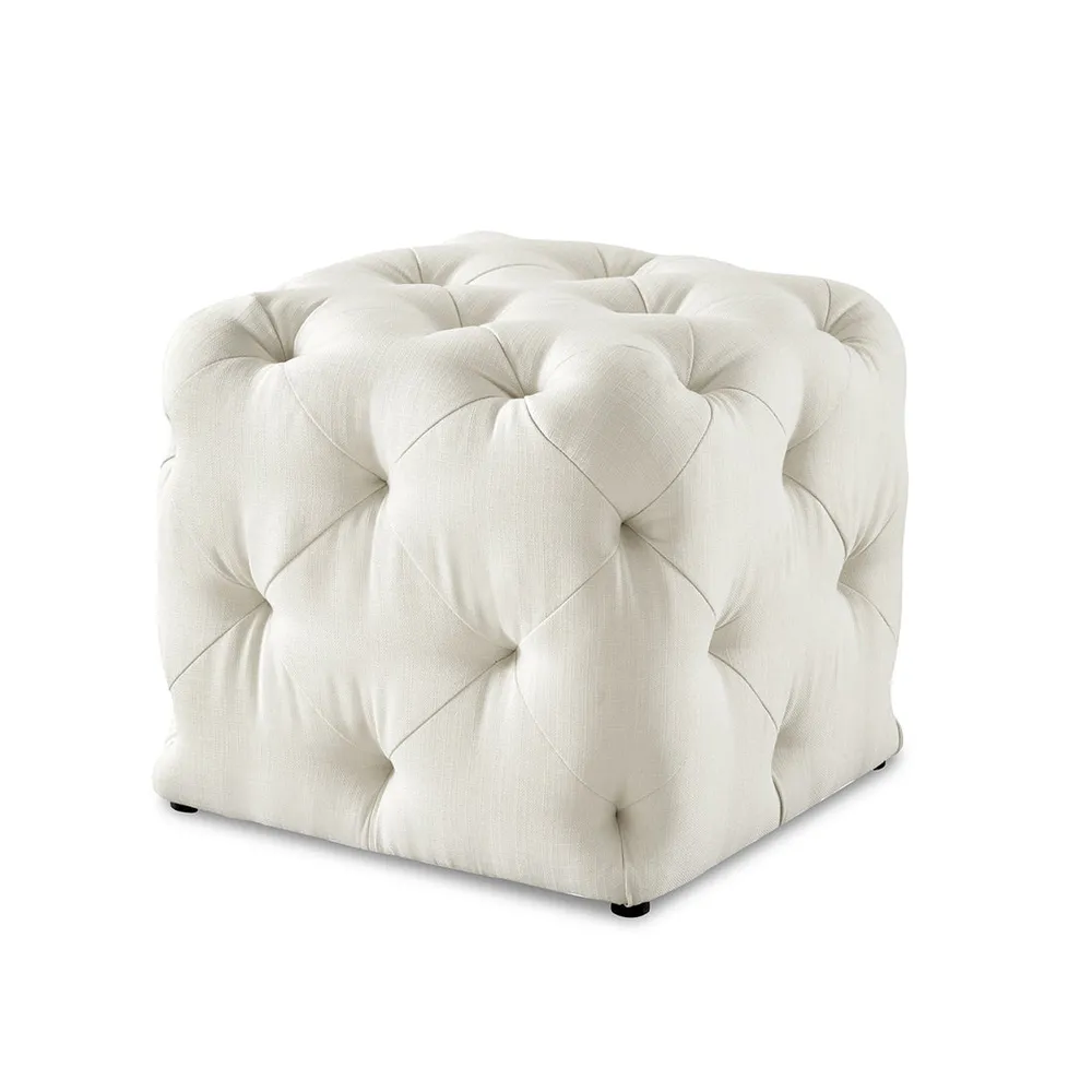 Square Velvet Tufted Solid Puffy Stool In White