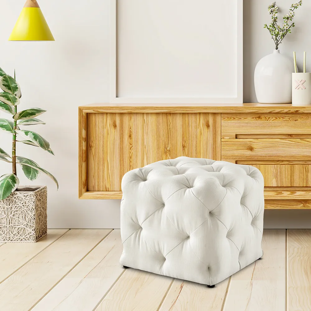 Square Velvet Tufted Solid Puffy Stool In White