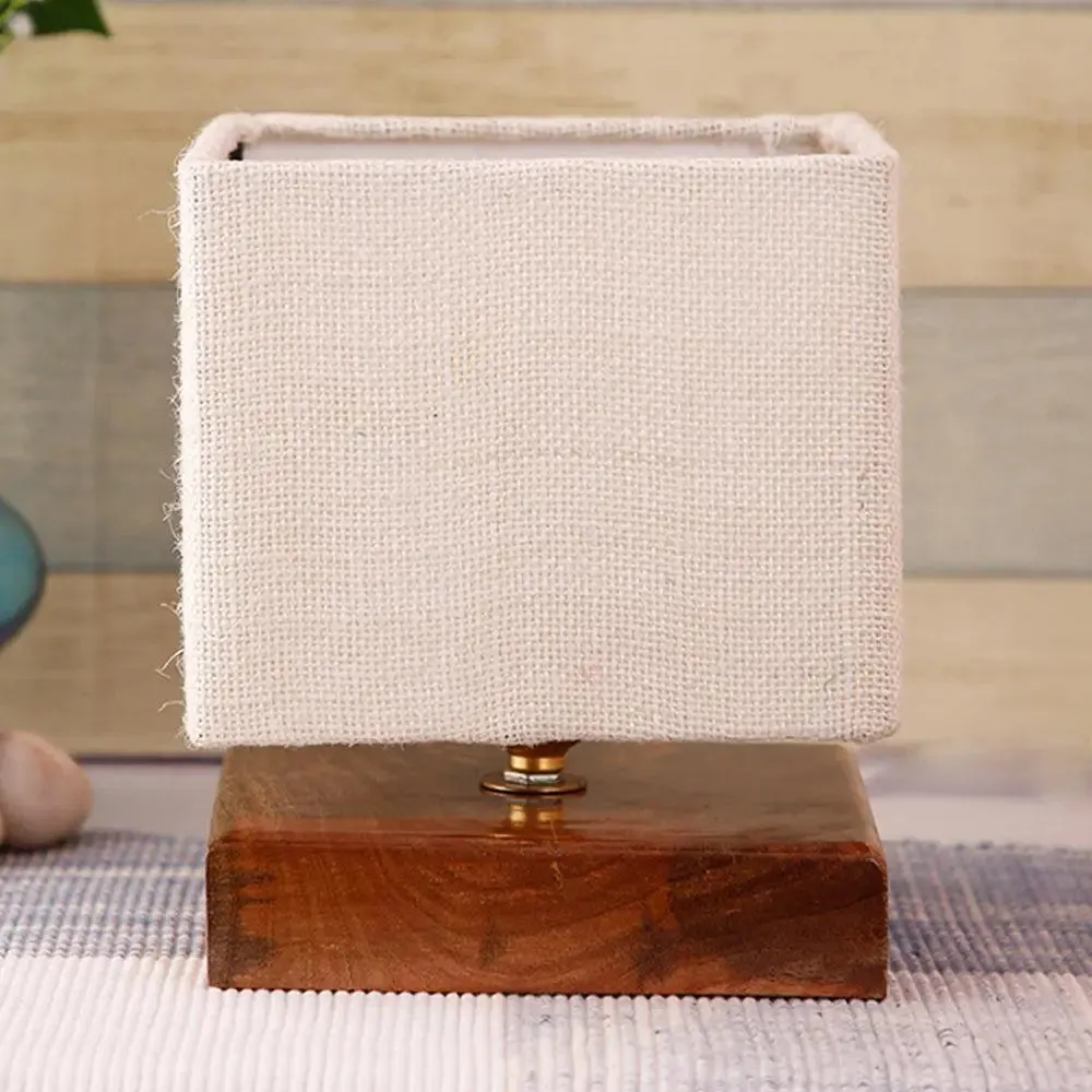Square White Jute Shade Table Lamp with Wood Base Single Piece