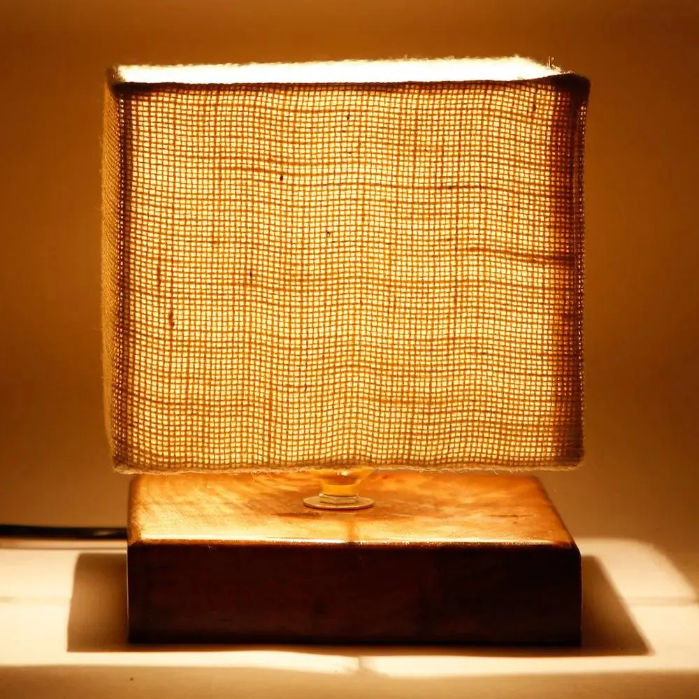 Square White Jute Shade Table Lamp with Wood Base Single Piece