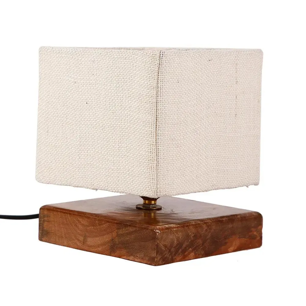 Square White Jute Shade Table Lamp with Wood Base Single Piece