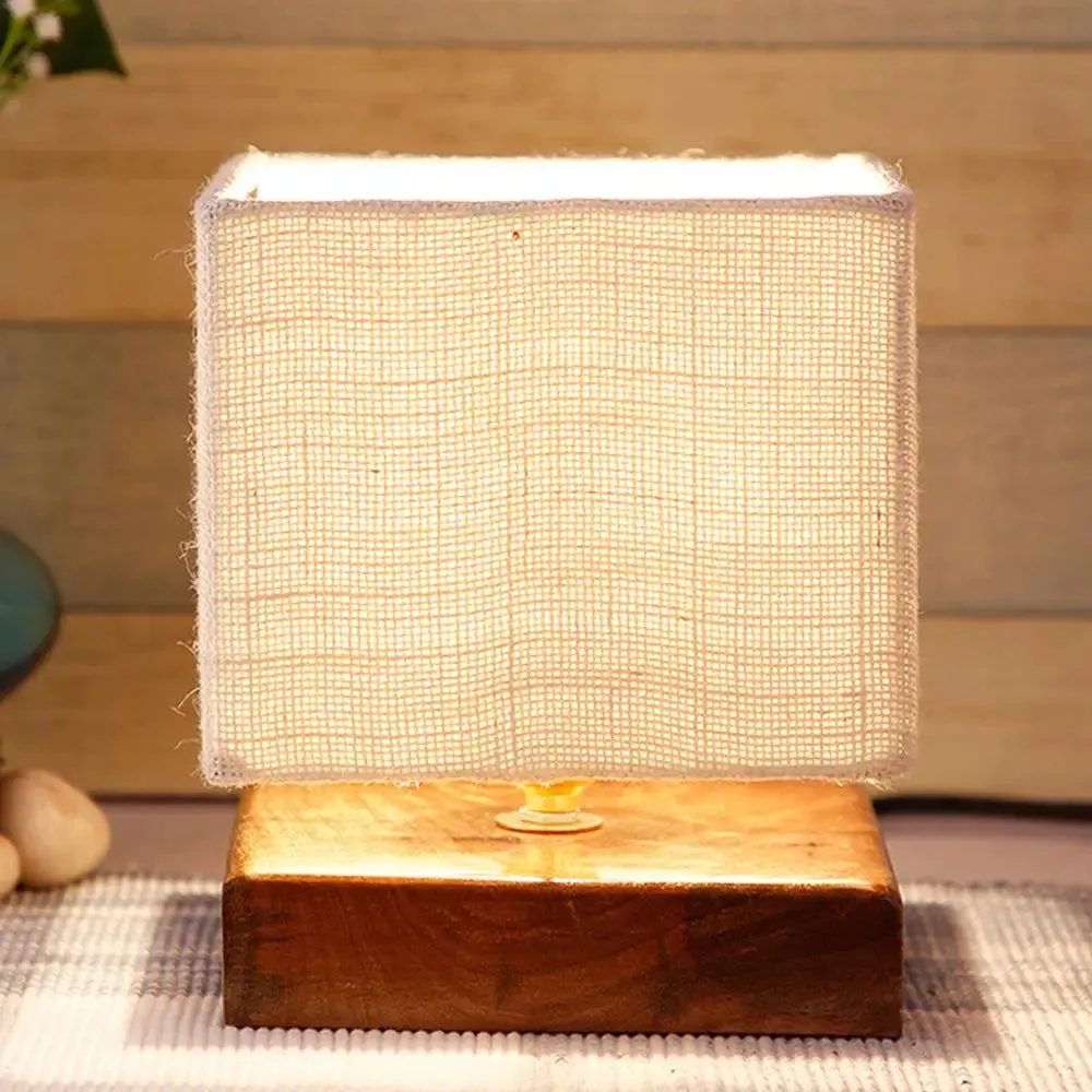 Square White Jute Shade Table Lamp with Wood Base Single Piece