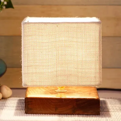 Square White Jute Shade Table Lamp with Wood Base