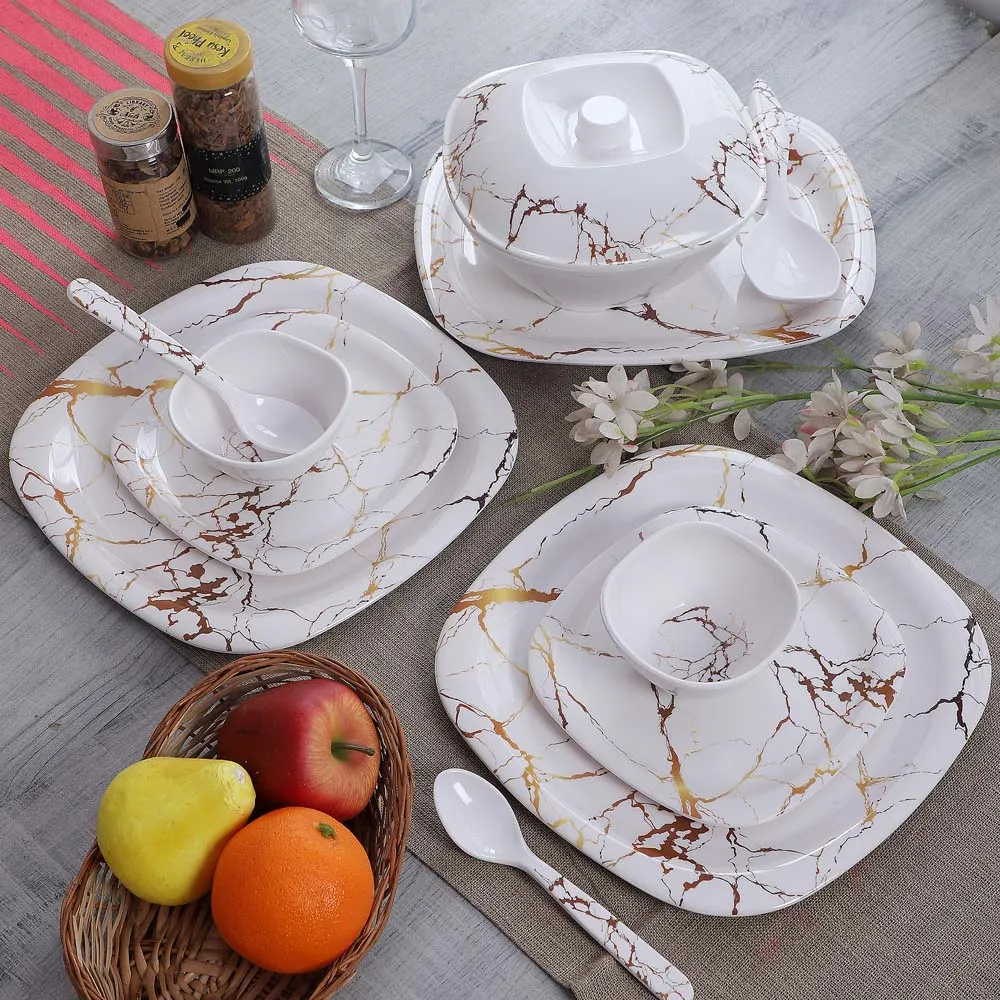 Square White Marble Motif Melamine Dinner Set  of 40