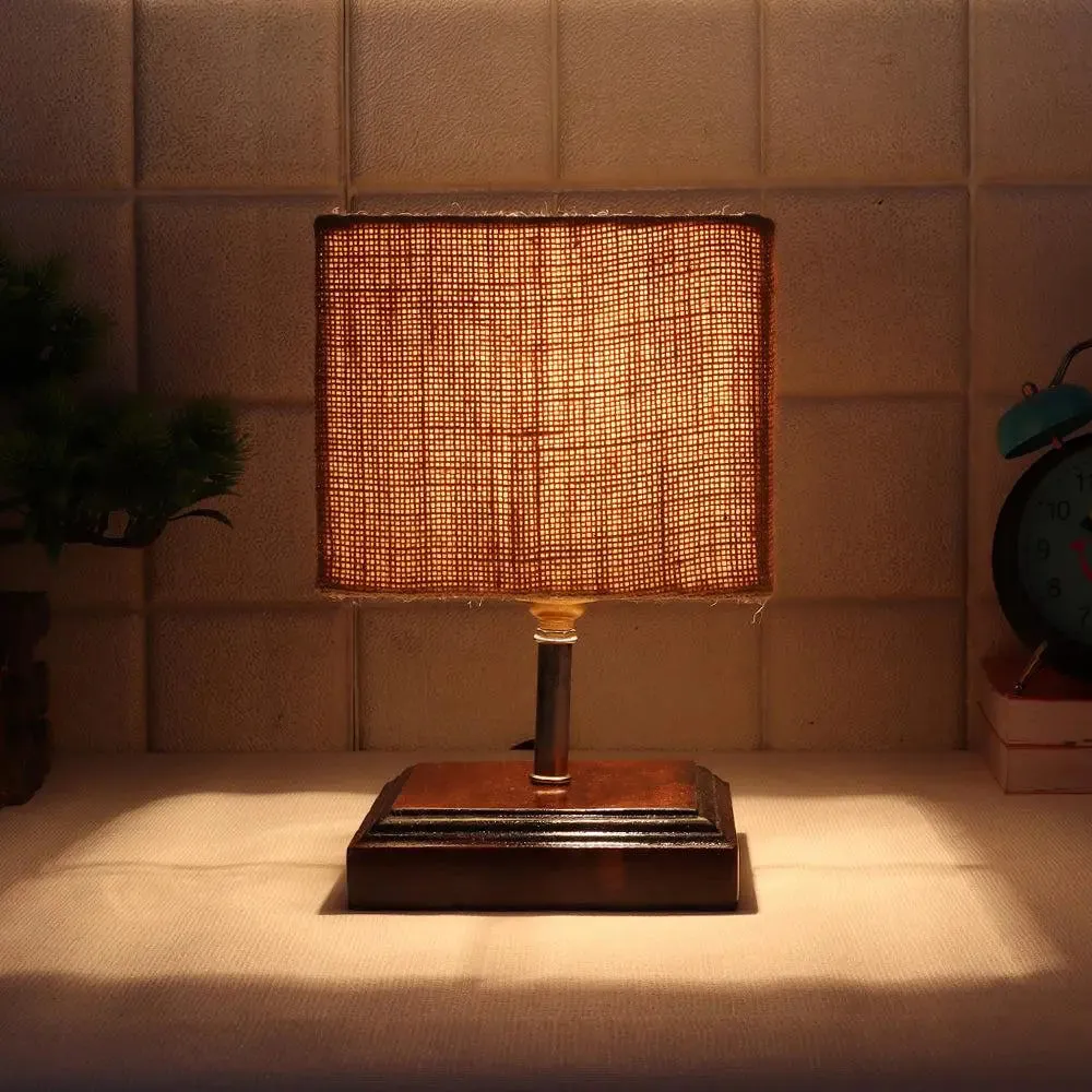 Square Wood Table Lamp with Beige Jute Shade Single Piece