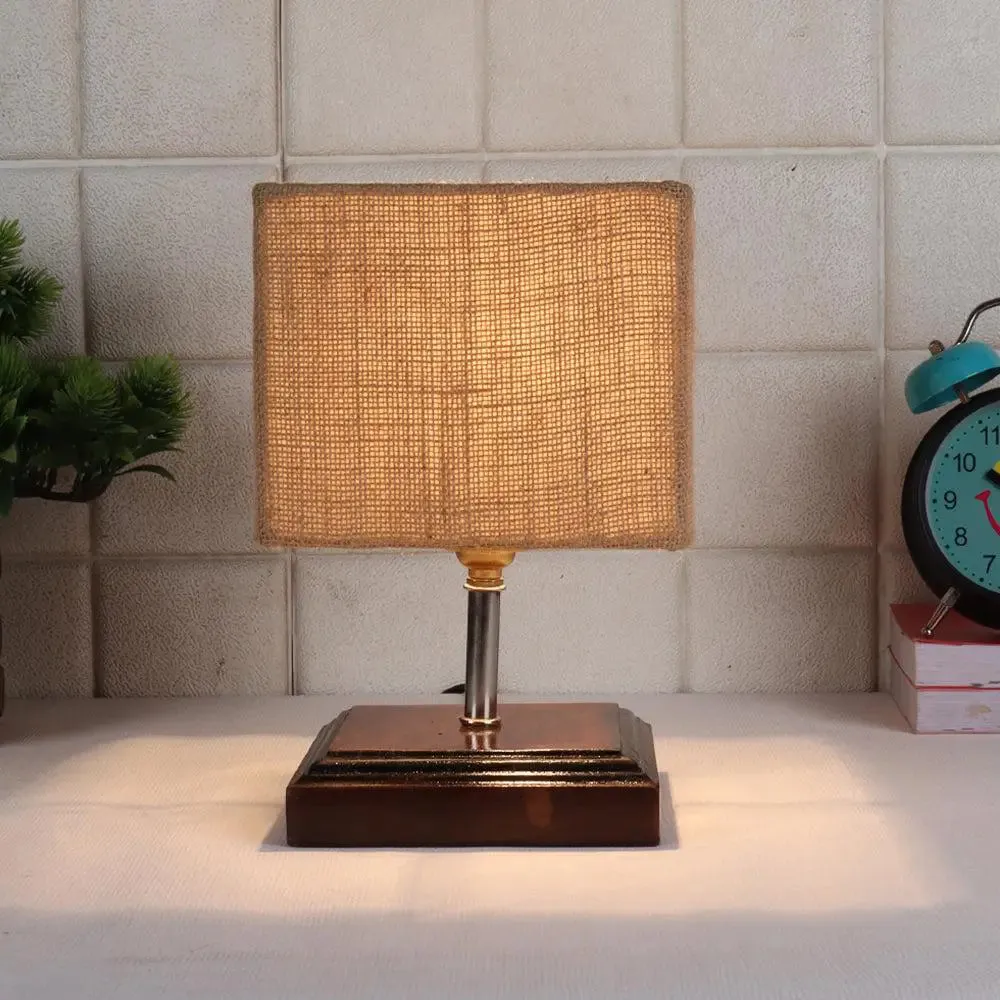 Square Wood Table Lamp with Beige Jute Shade Single Piece