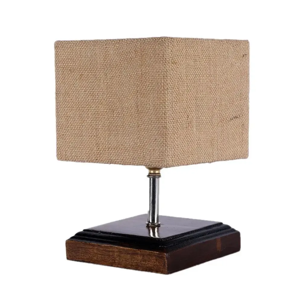 Square Wood Table Lamp with Beige Jute Shade Single Piece