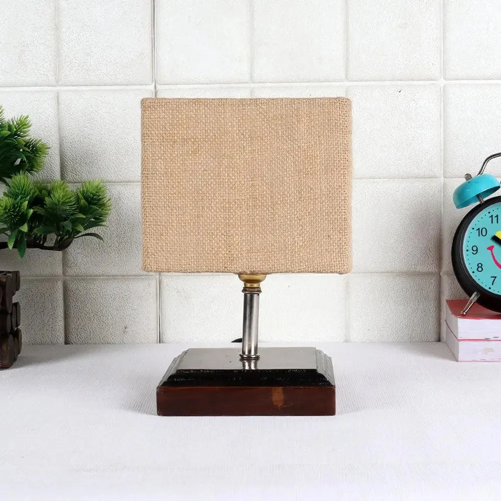 Square Wood Table Lamp with Beige Jute Shade Single Piece