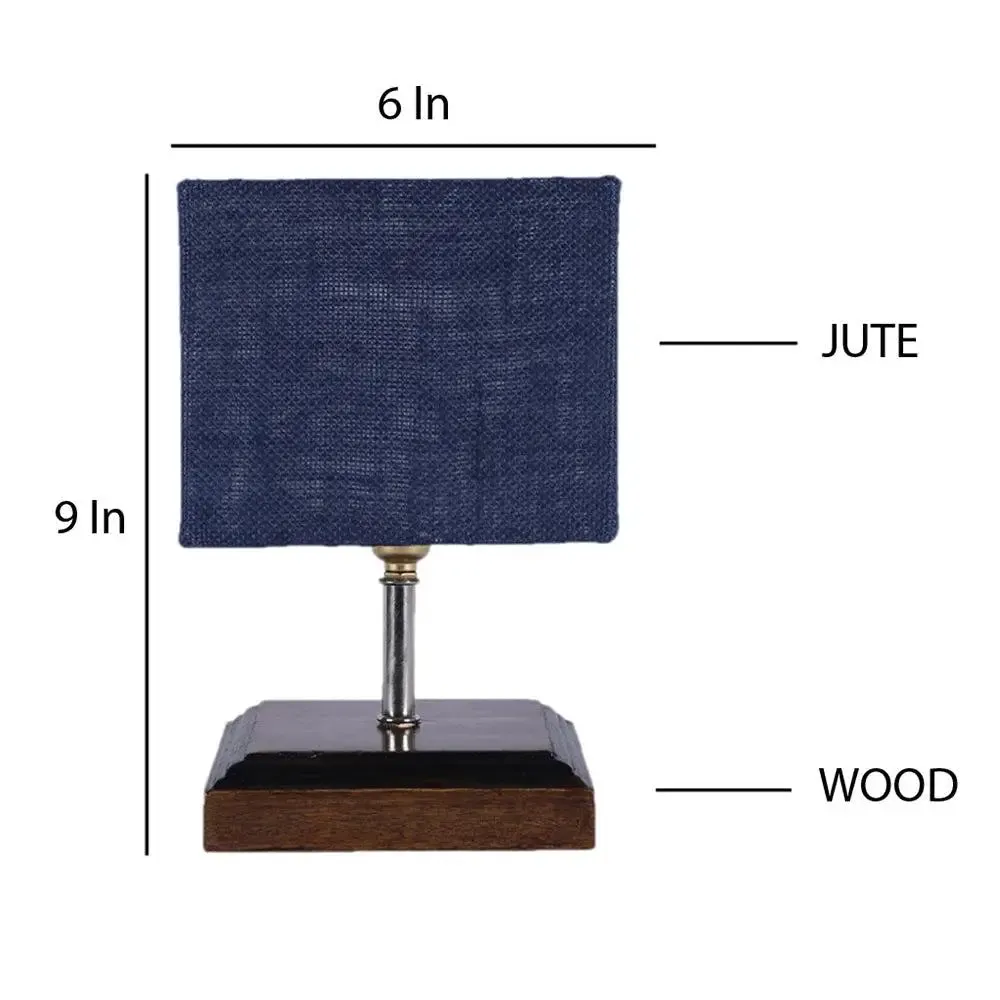 Square Wood Table Lamp with Blue Jute Shade Single Piece