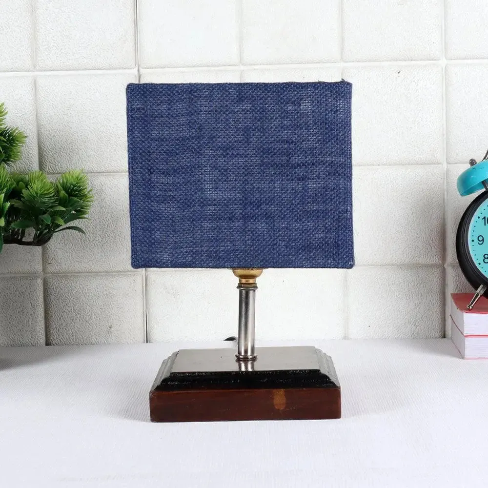 Square Wood Table Lamp with Blue Jute Shade Single Piece