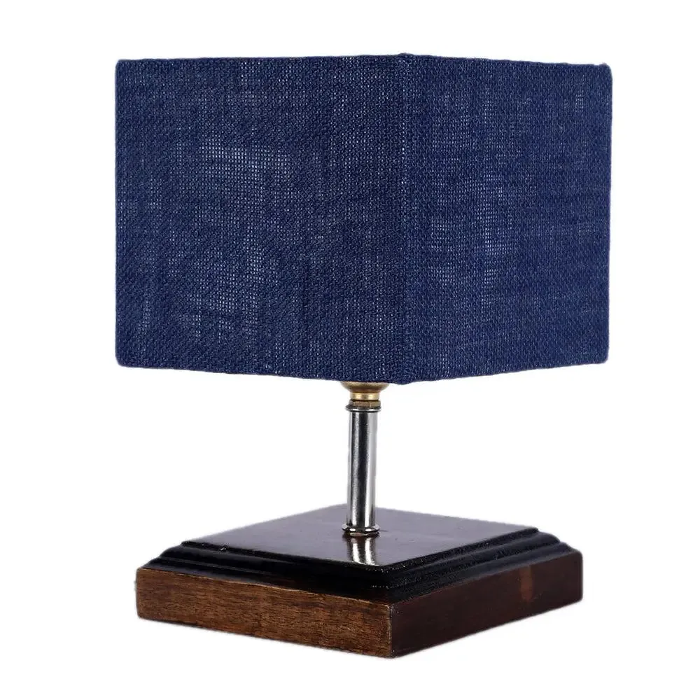 Square Wood Table Lamp with Blue Jute Shade Single Piece