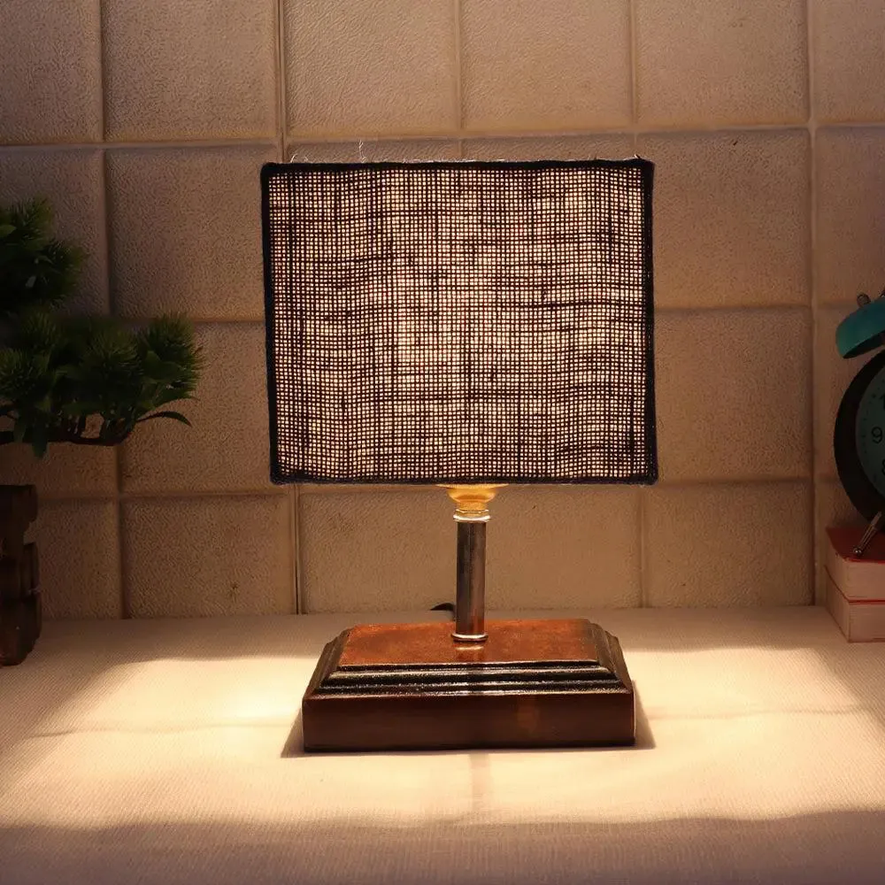 Square Wood Table Lamp with Blue Jute Shade Single Piece