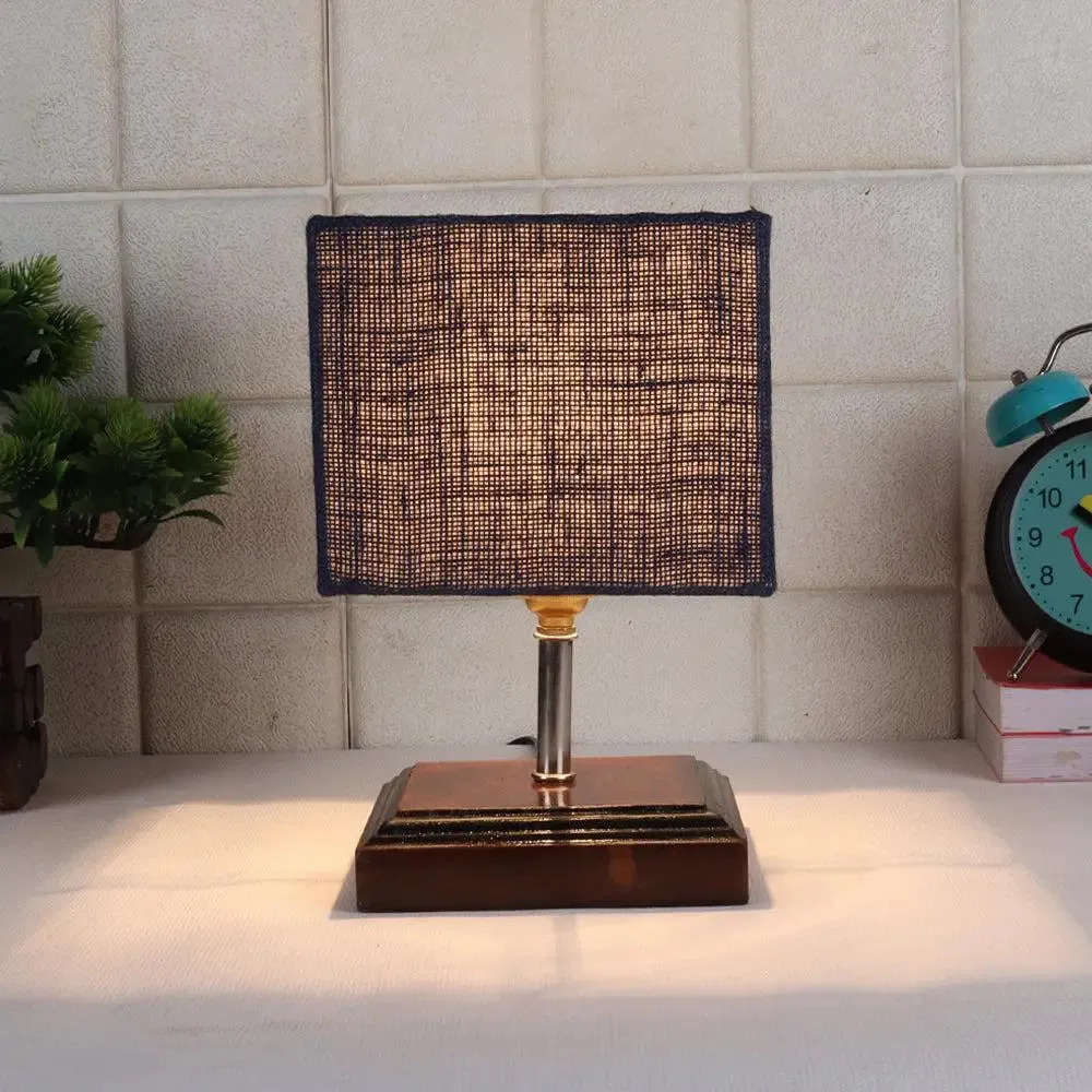 Square Wood Table Lamp with Blue Jute Shade Single Piece