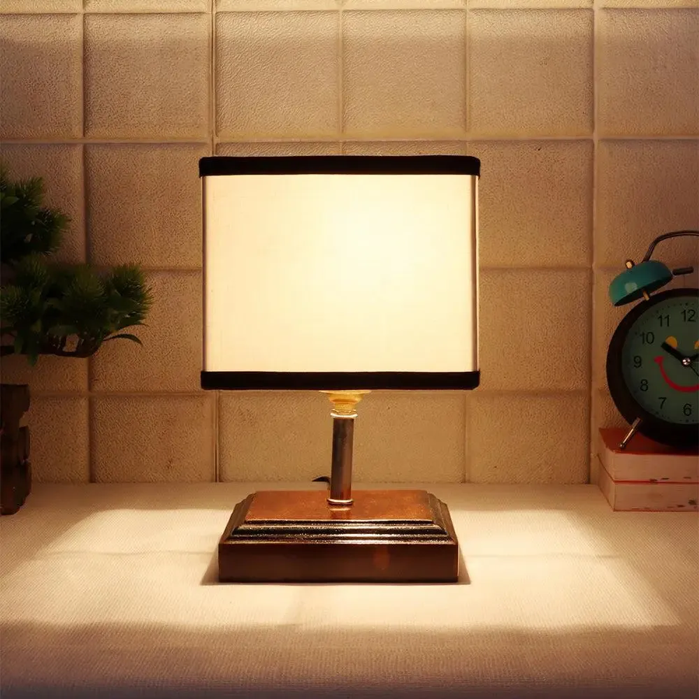 Square Wood Table Lamp with Cotton Shade Single Piece