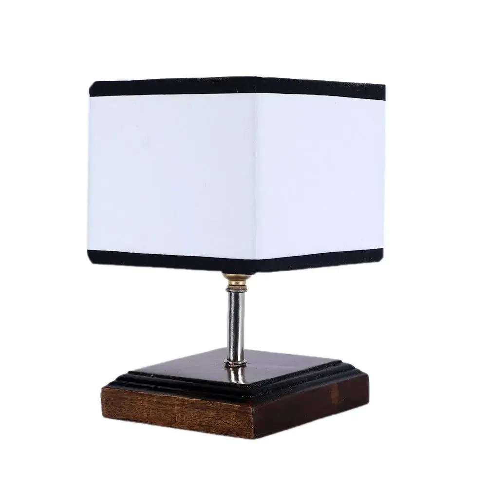 Square Wood Table Lamp with Cotton Shade Single Piece