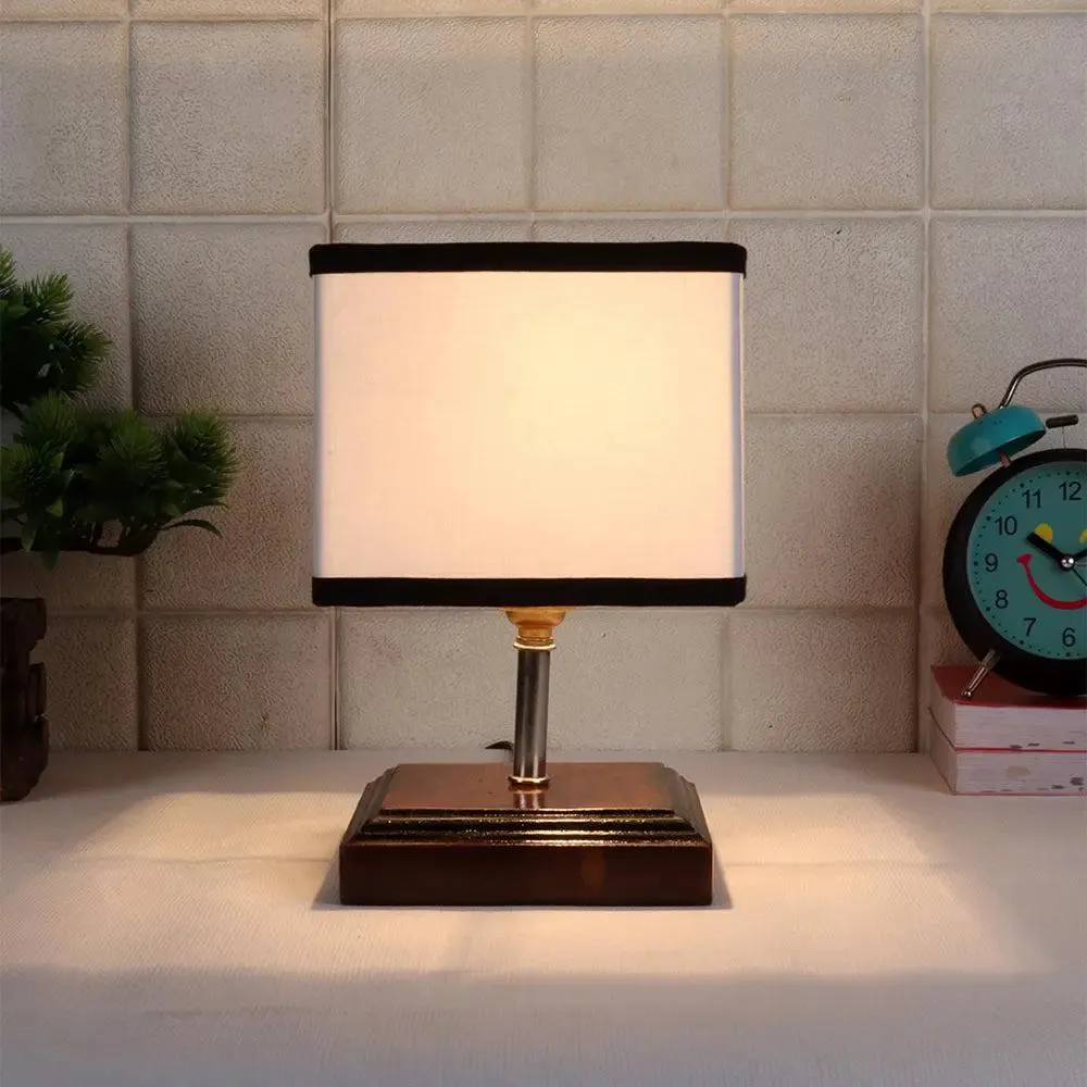 Square Wood Table Lamp with Cotton Shade Single Piece