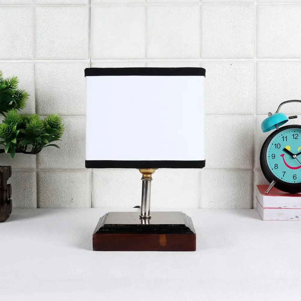 Square Wood Table Lamp with Cotton Shade Single Piece