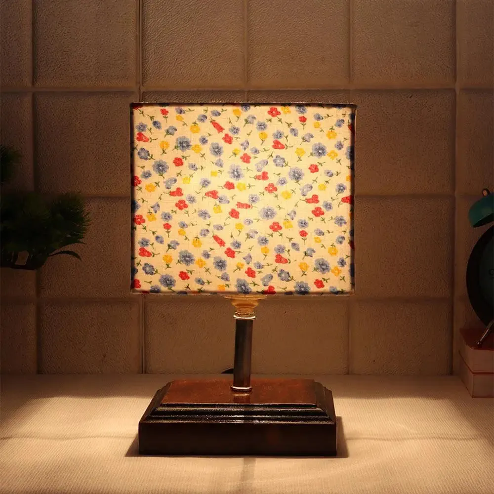 Square Wood Table Lamp with Dotted Cotton Shade Single Piece