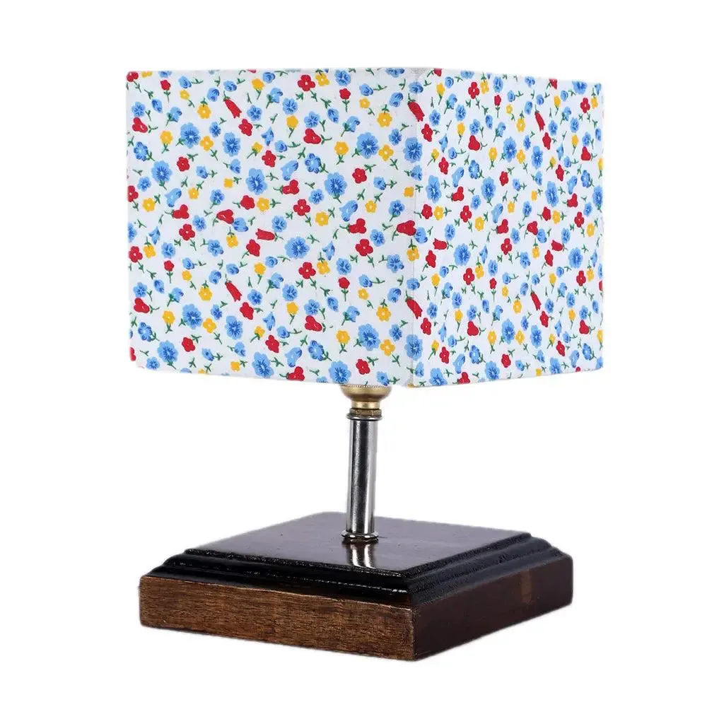Square Wood Table Lamp with Dotted Cotton Shade Single Piece
