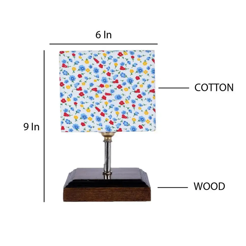 Square Wood Table Lamp with Dotted Cotton Shade Single Piece