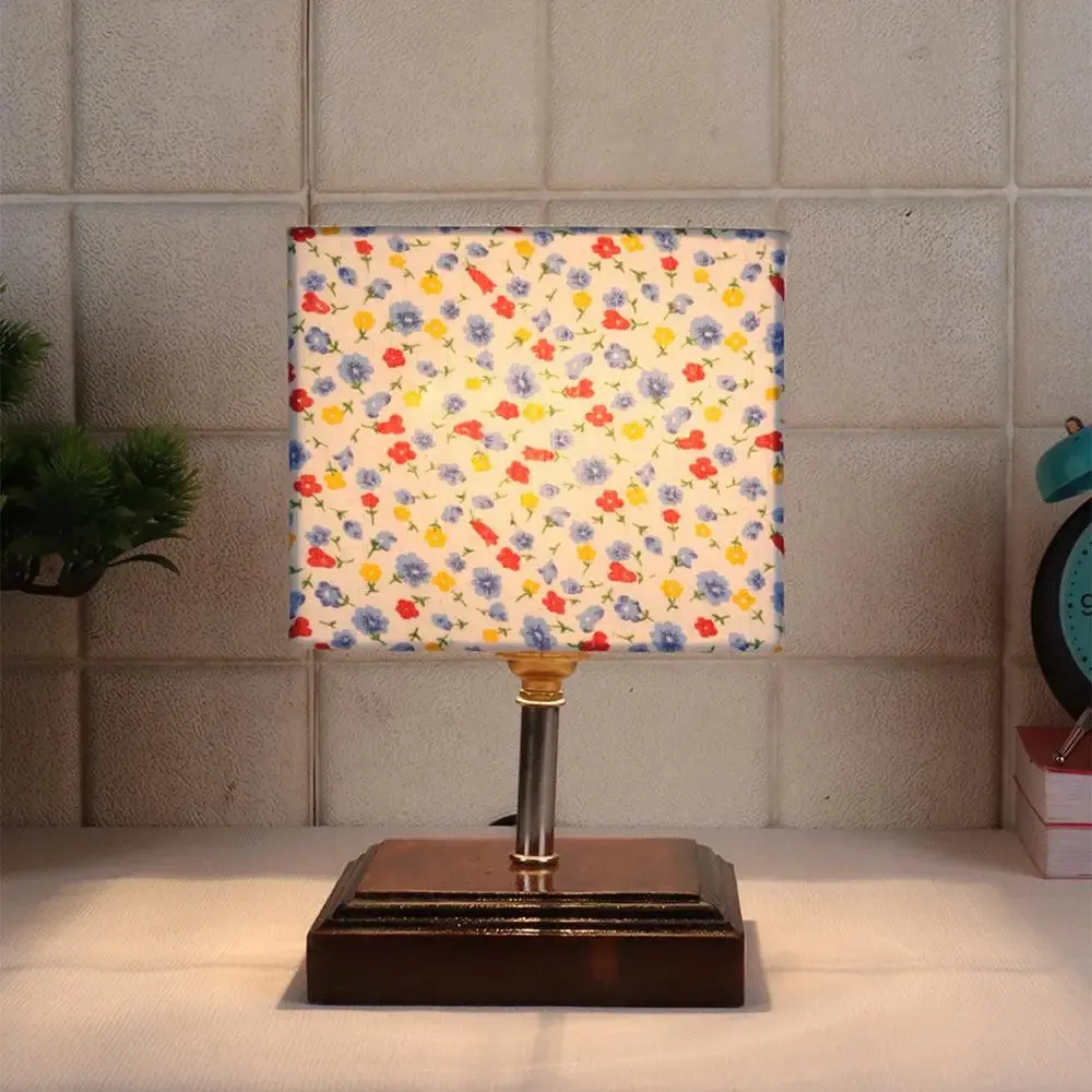 Square Wood Table Lamp with Dotted Cotton Shade Single Piece
