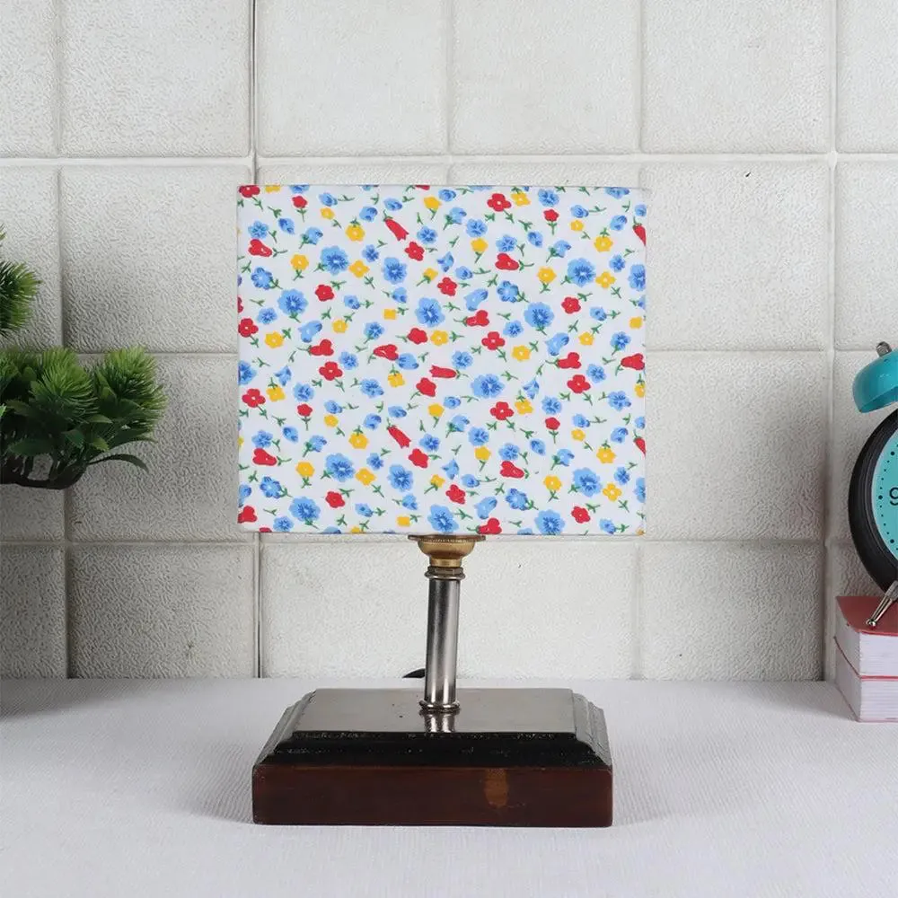 Square Wood Table Lamp with Dotted Cotton Shade Single Piece