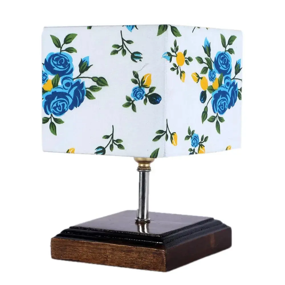 Square Wood Table Lamp with Floral Cotton Shade Single Piece