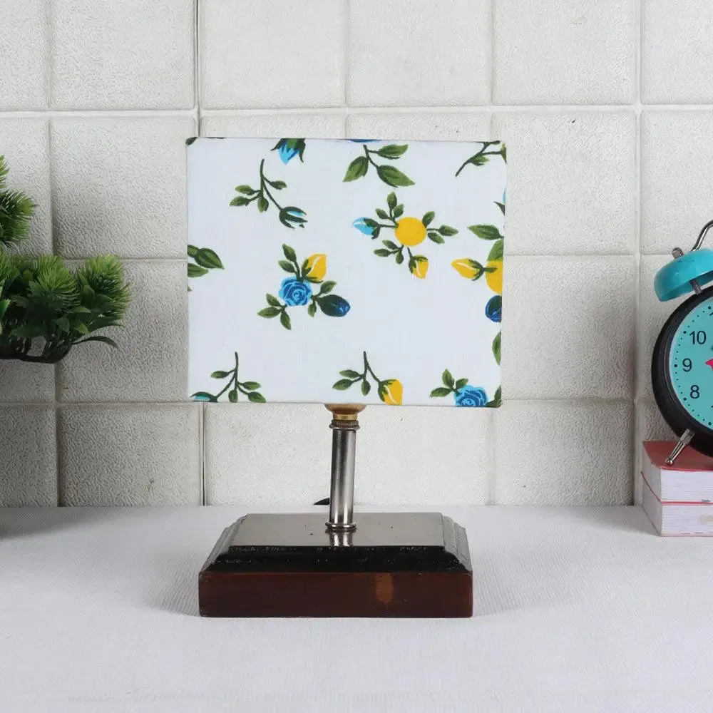 Square Wood Table Lamp with Floral Cotton Shade Single Piece
