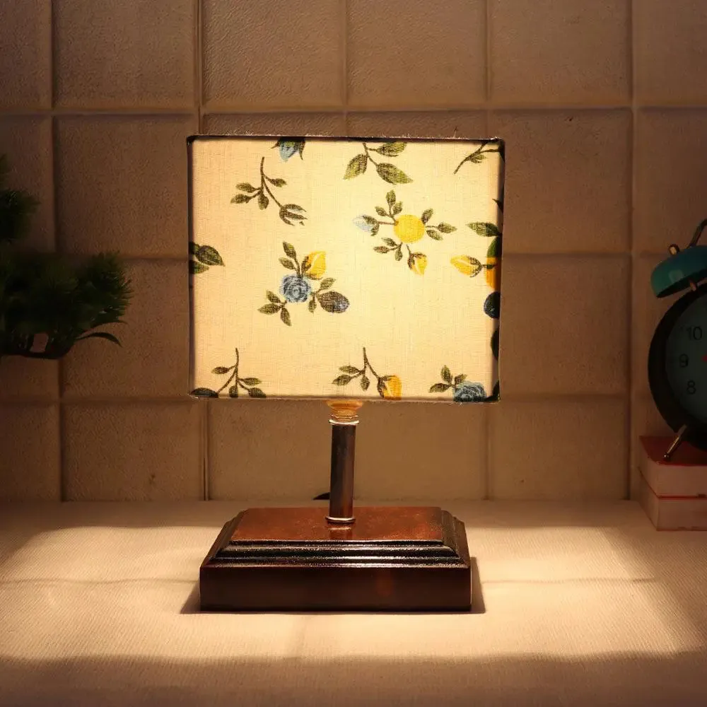 Square Wood Table Lamp with Floral Cotton Shade Single Piece