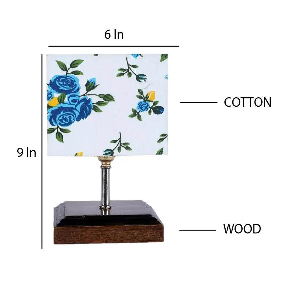 Square Wood Table Lamp with Floral Cotton Shade Single Piece