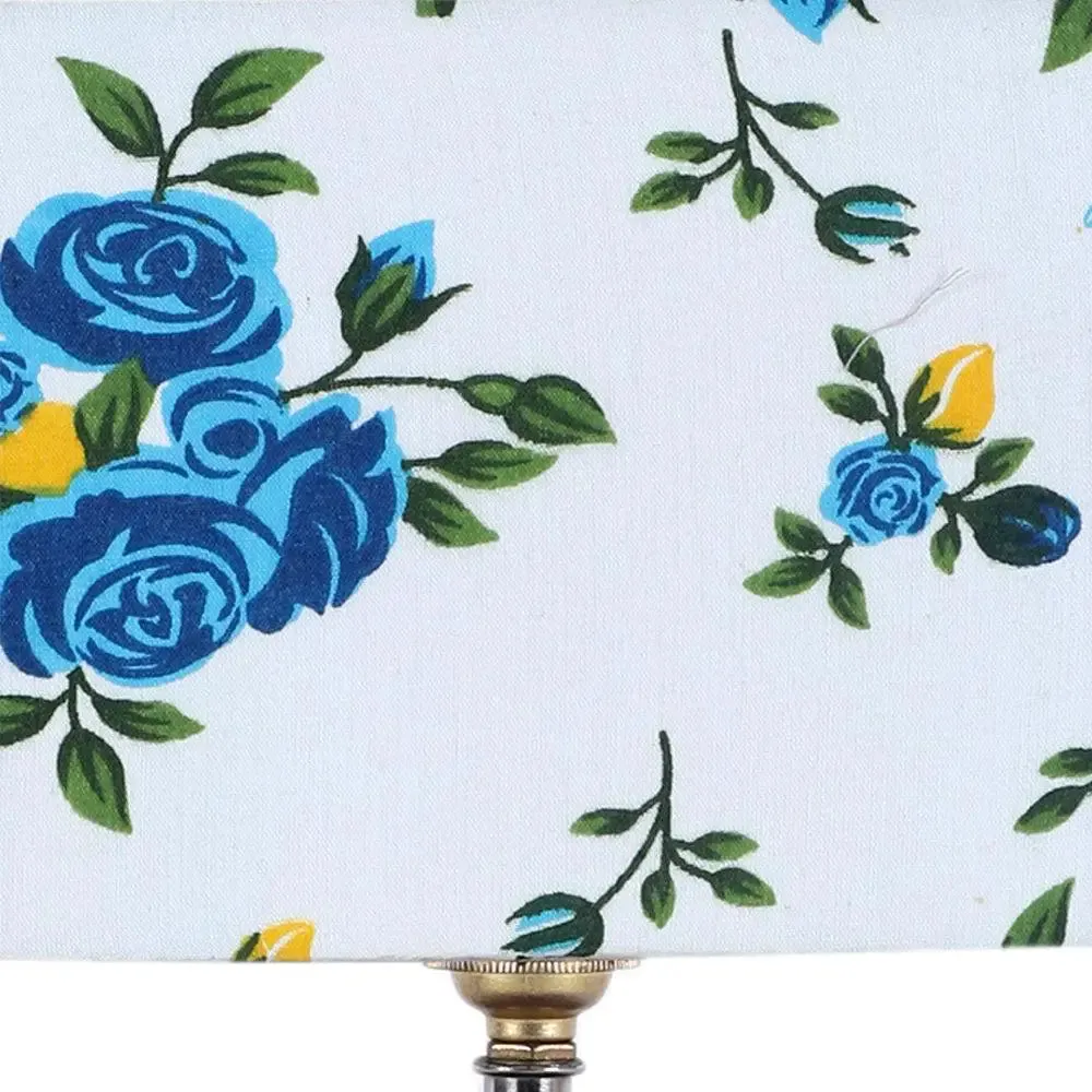 Square Wood Table Lamp with Floral Cotton Shade Single Piece