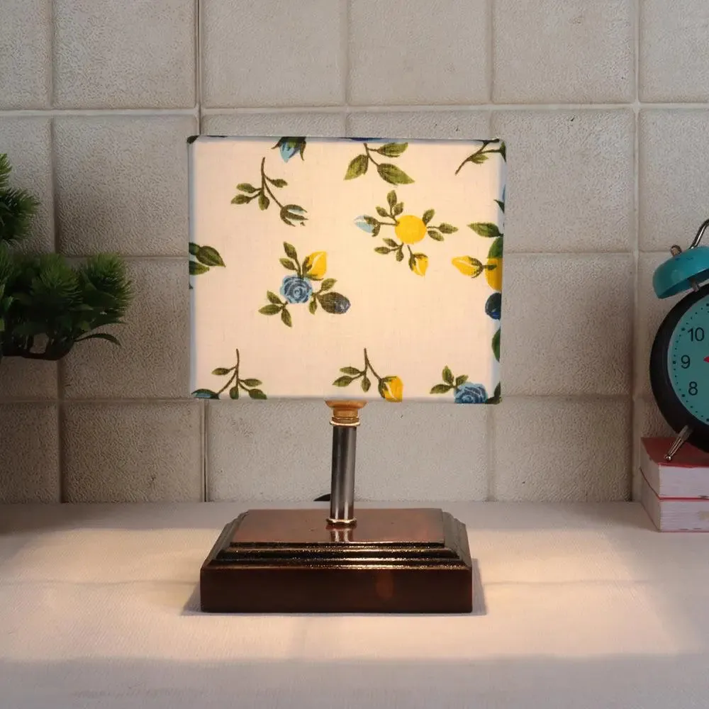 Square Wood Table Lamp with Floral Cotton Shade Single Piece
