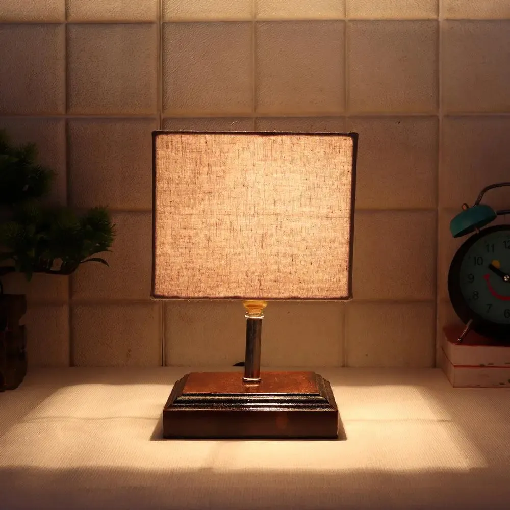 Square Wood Table Lamp with Grey Cotton Shade Single Piece
