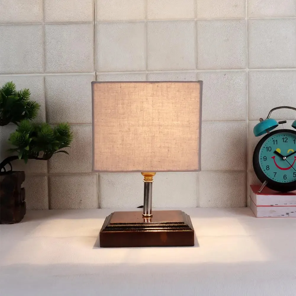 Square Wood Table Lamp with Grey Cotton Shade Single Piece