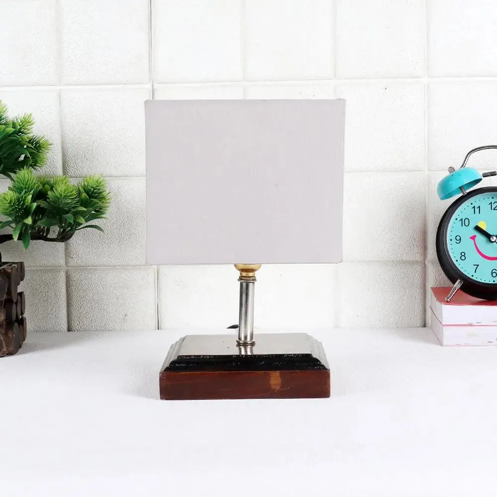 Square Wood Table Lamp with Grey Cotton Shade Single Piece