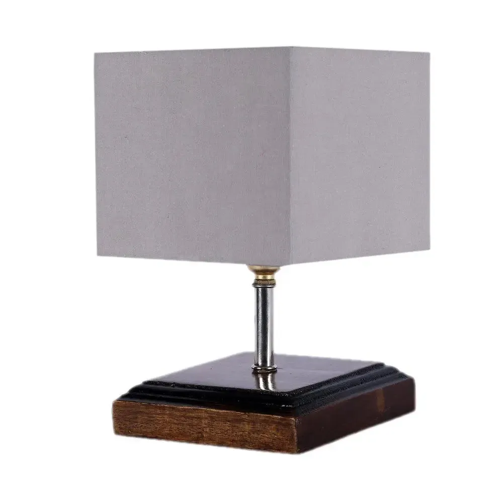 Square Wood Table Lamp with Grey Cotton Shade Single Piece