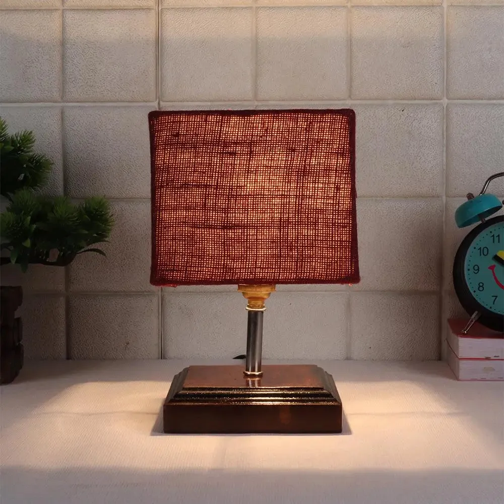 Square Wood Table Lamp with Maroon Jute Shade Single Piece