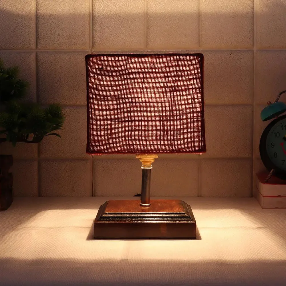 Square Wood Table Lamp with Maroon Jute Shade Single Piece