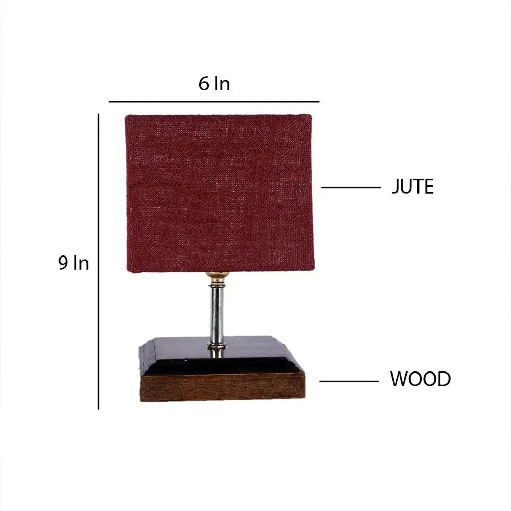 Square Wood Table Lamp with Maroon Jute Shade Single Piece