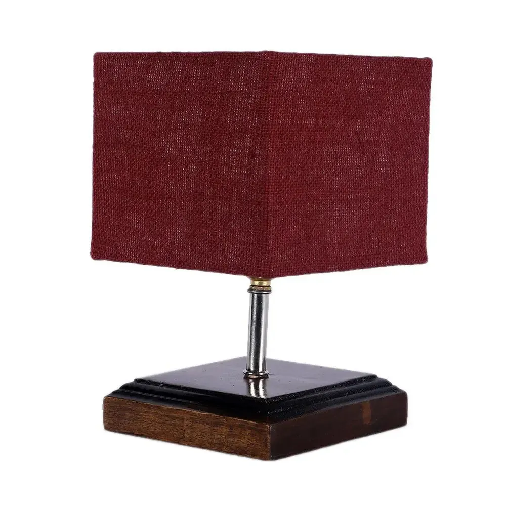 Square Wood Table Lamp with Maroon Jute Shade Single Piece