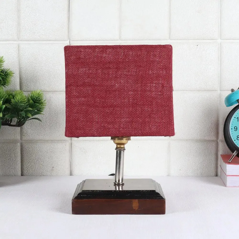 Square Wood Table Lamp with Maroon Jute Shade Single Piece