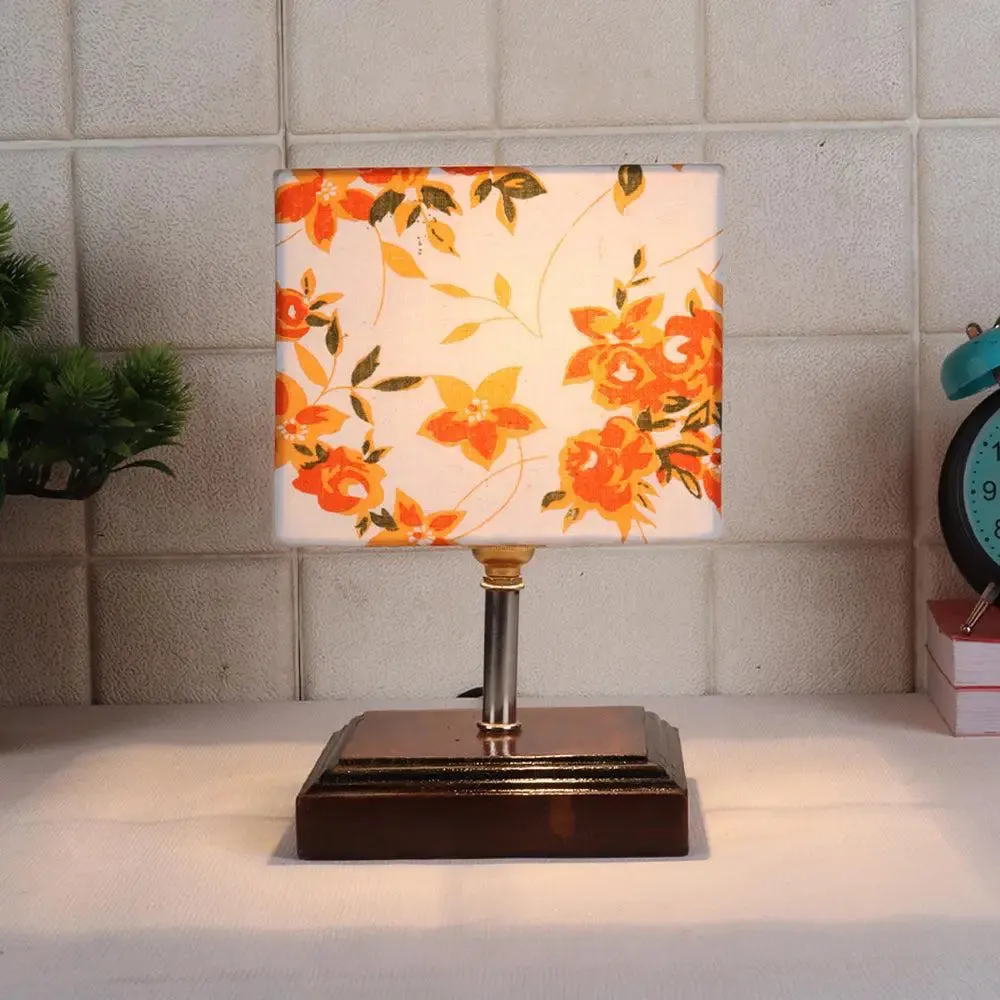 Square Wood Table Lamp with Multicolor Cotton Shade Single Piece