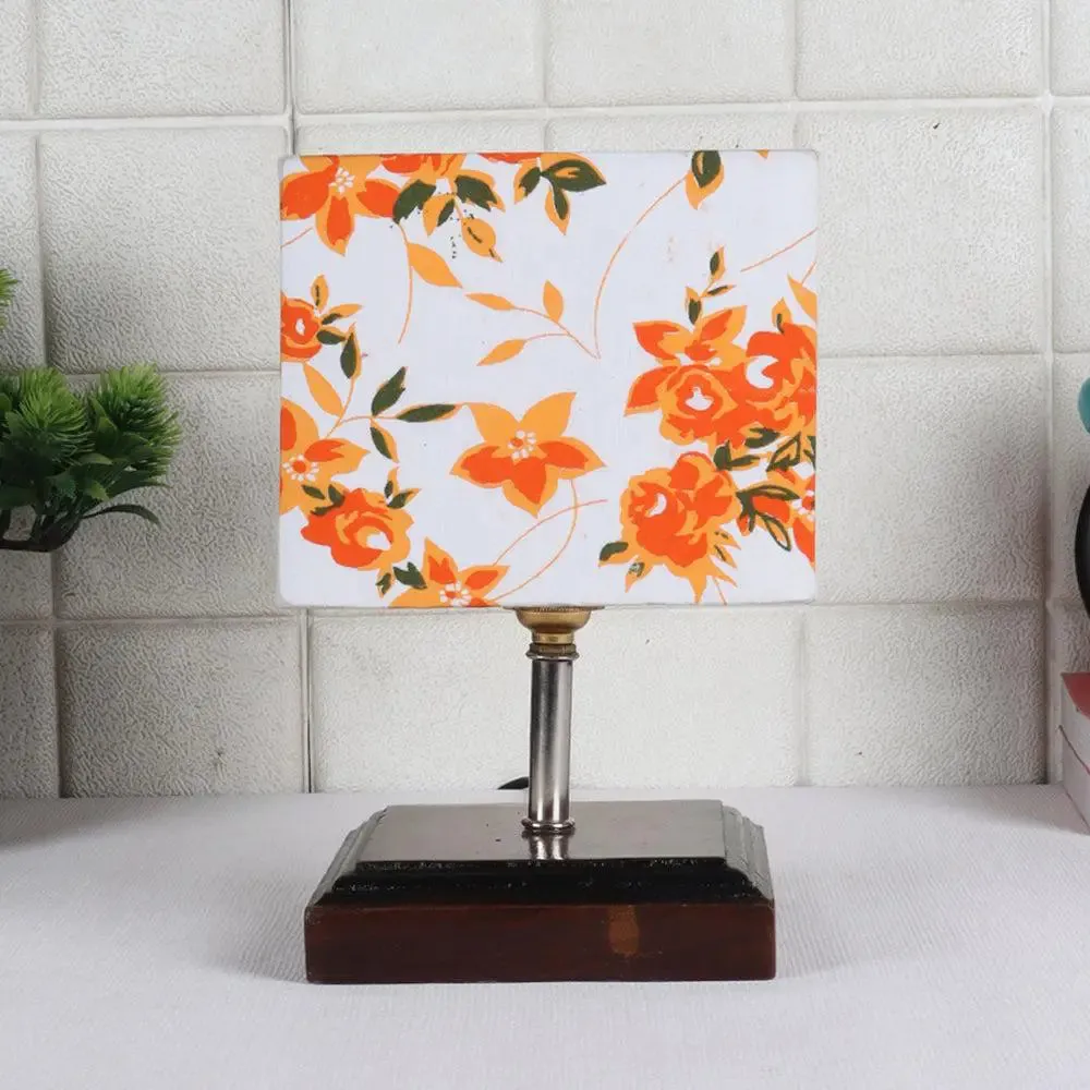 Square Wood Table Lamp with Multicolor Cotton Shade Single Piece