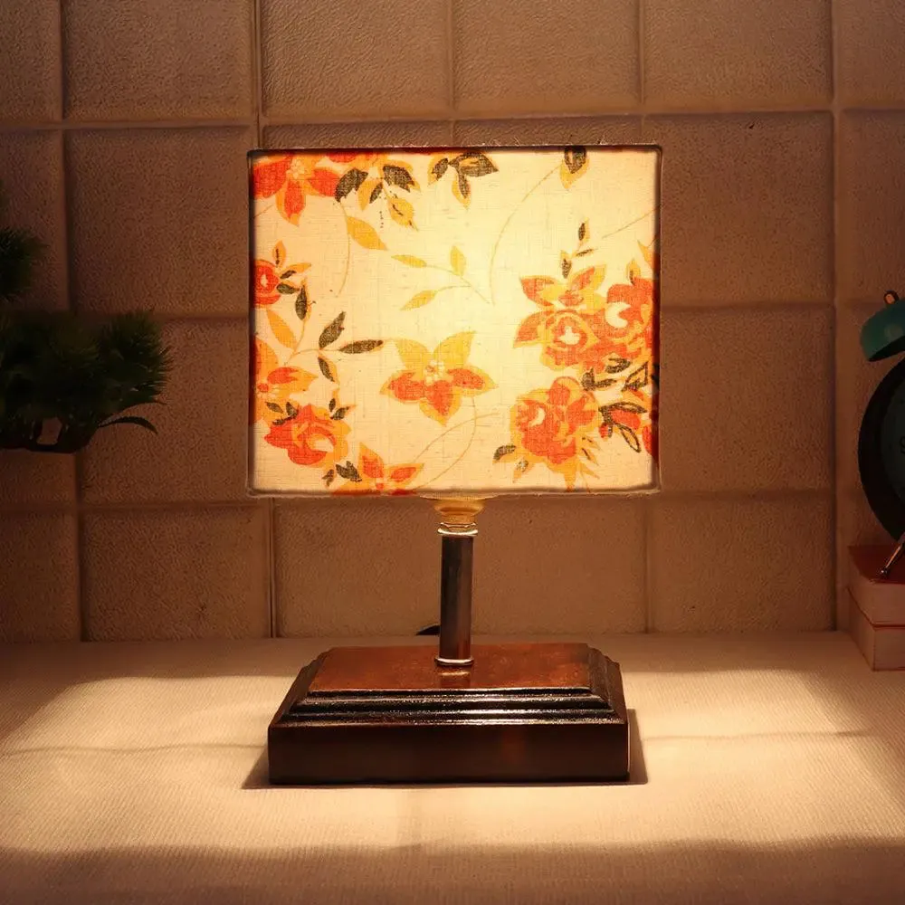 Square Wood Table Lamp with Multicolor Cotton Shade Single Piece