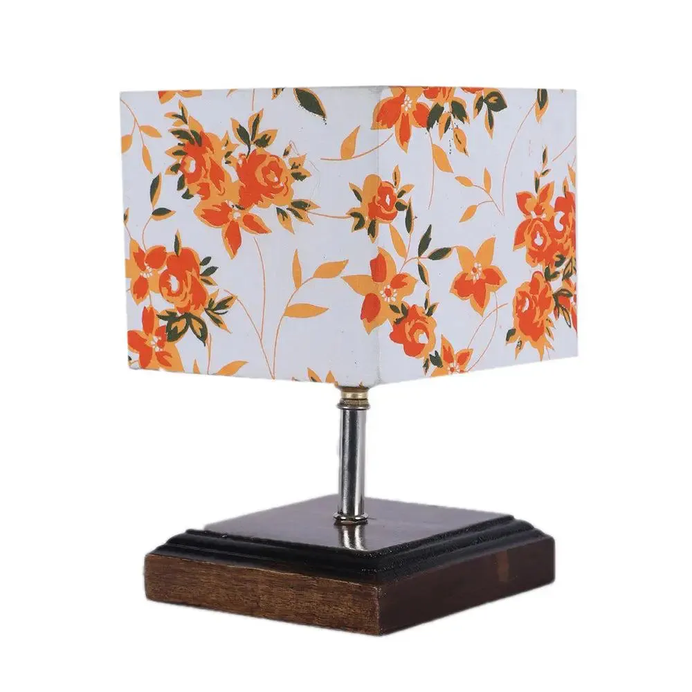 Square Wood Table Lamp with Multicolor Cotton Shade Single Piece